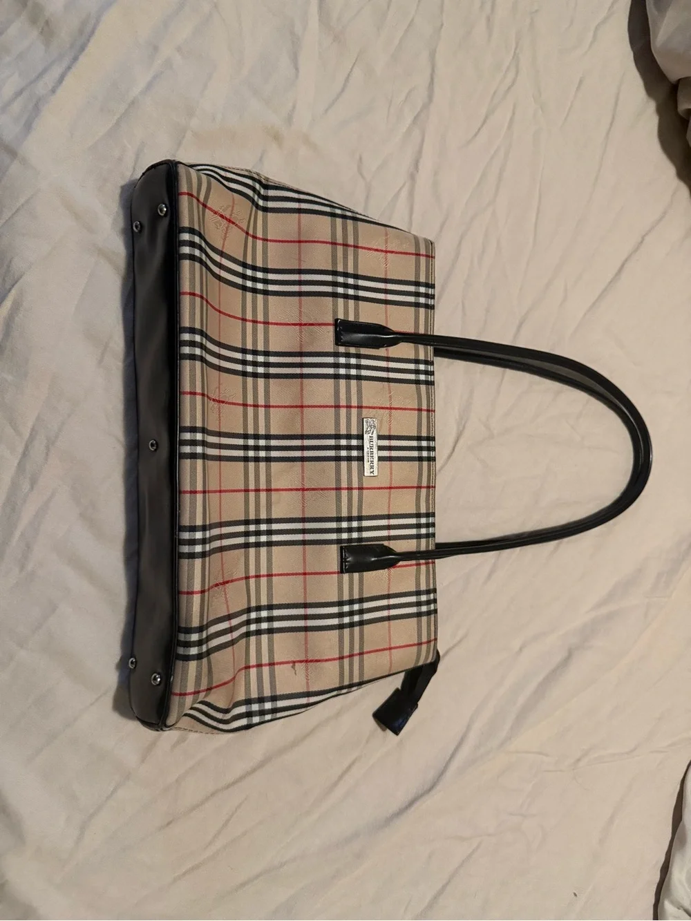 Classic Plaid Tote Bag in Beige with Black Trim